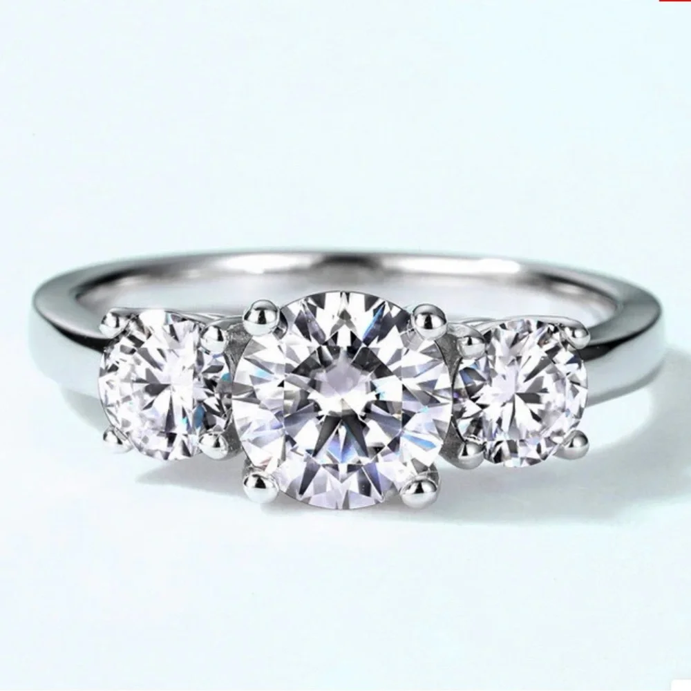 Classic 3-stone Round Cut Moissanite Sterling Silver Wedding/Anniversary Ring